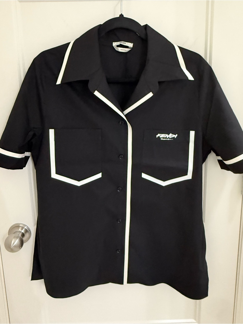 Black Short-Sleeve Bowling Shirt with White Piping